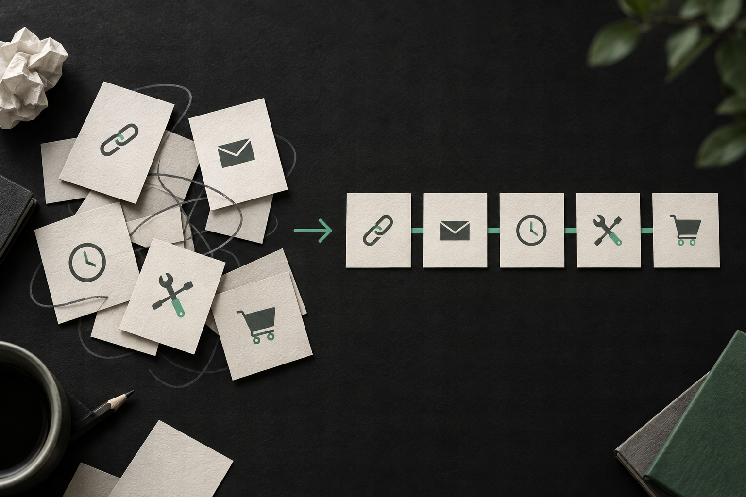 Scattered cards for links, email, time, tools, and purchases reorganized into a clear sequence.