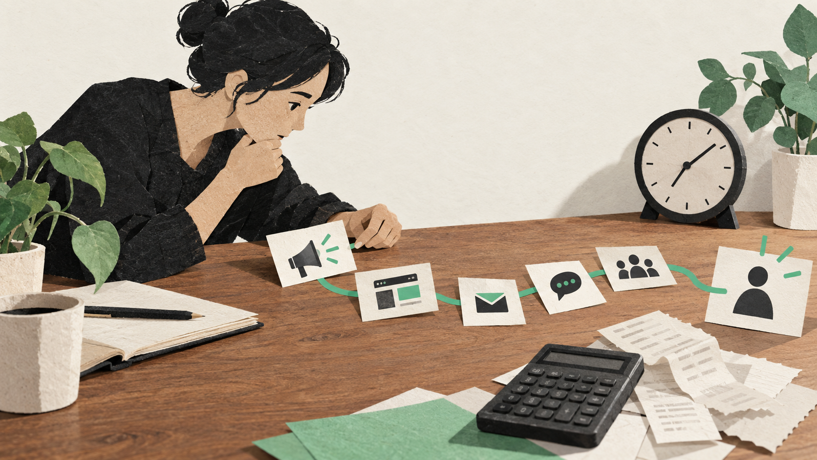 Paper-collage illustration of a business owner tracing marketing activity to a customer, beside receipts, a calculator and a clock.