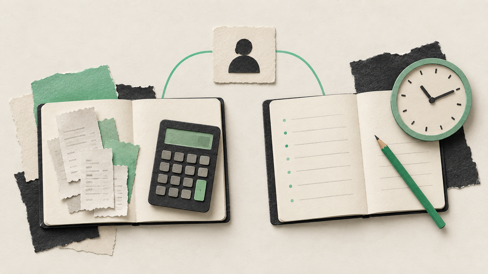 Two notebooks paired with receipts and a calculator on one side, and a clock and pencil on the other, beneath a customer symbol.