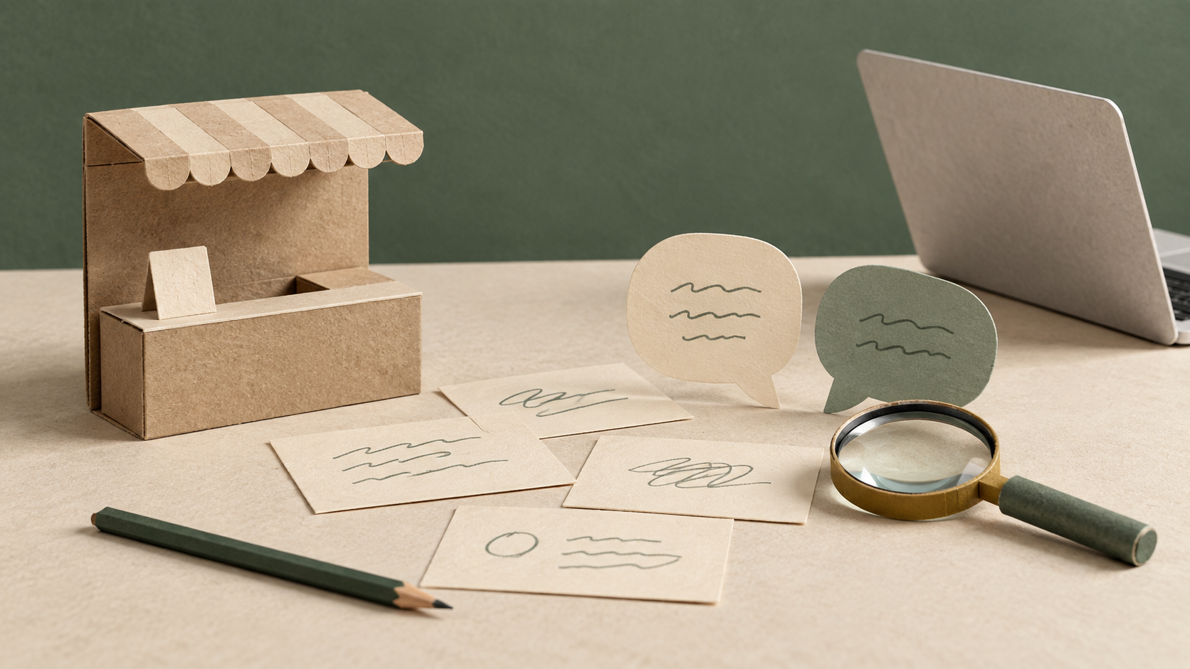 Paper prototype of a small shop beside conversation cards, a pencil and a magnifying glass.