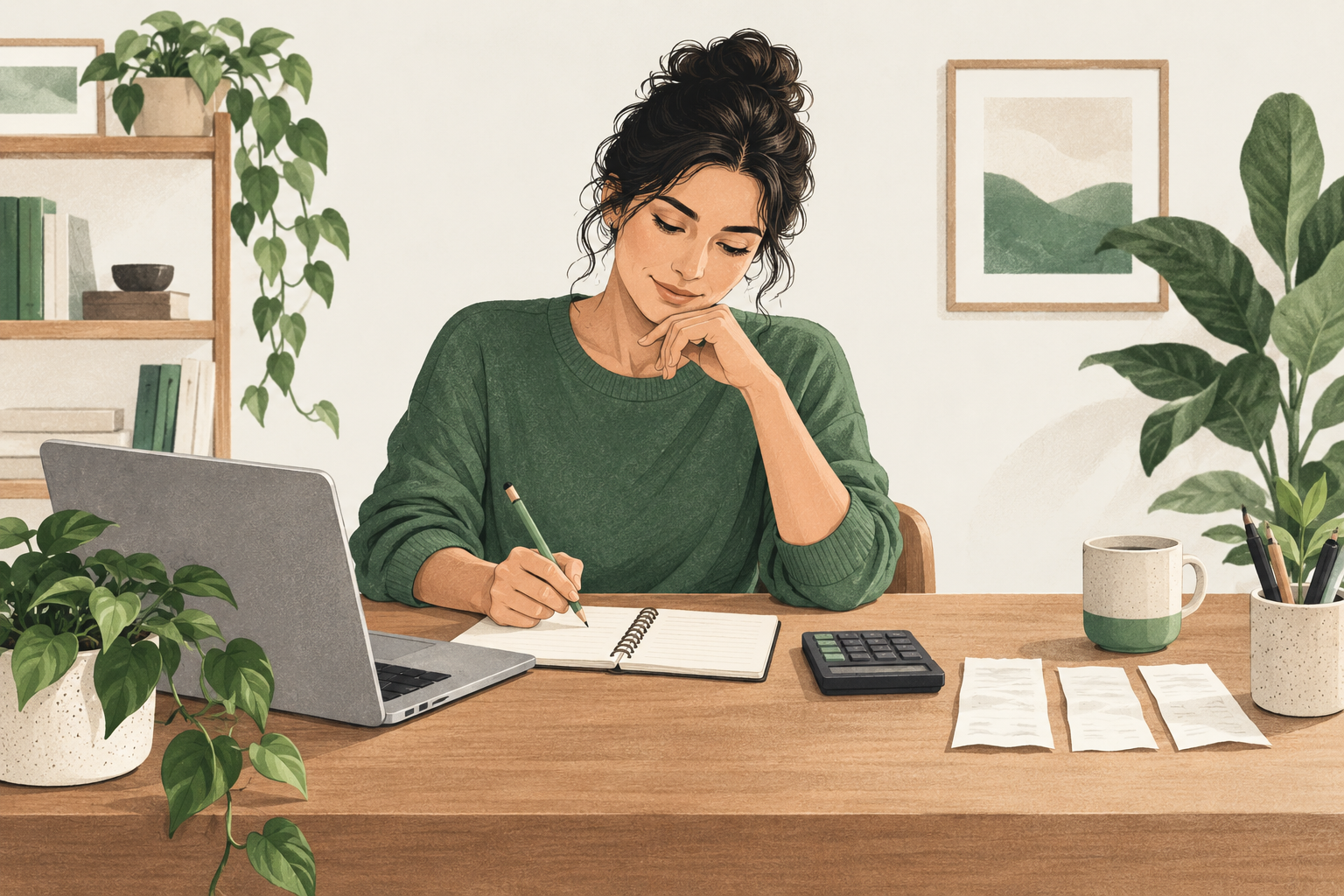 Editorial illustration of a woman reviewing a notebook, calculator and receipts at a modest home desk.