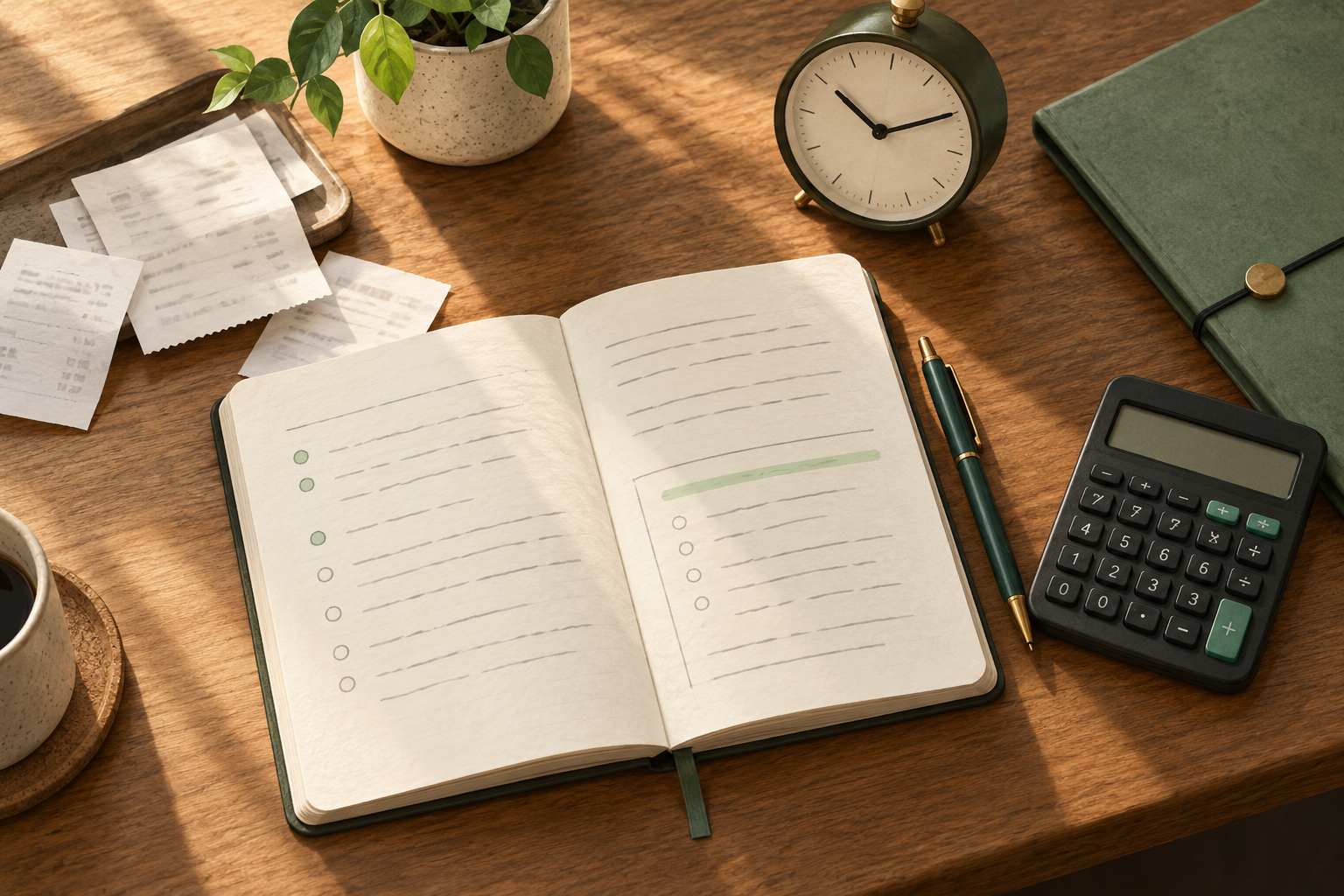 Editorial still life of a notebook, calculator, receipts and clock representing expenses and time.