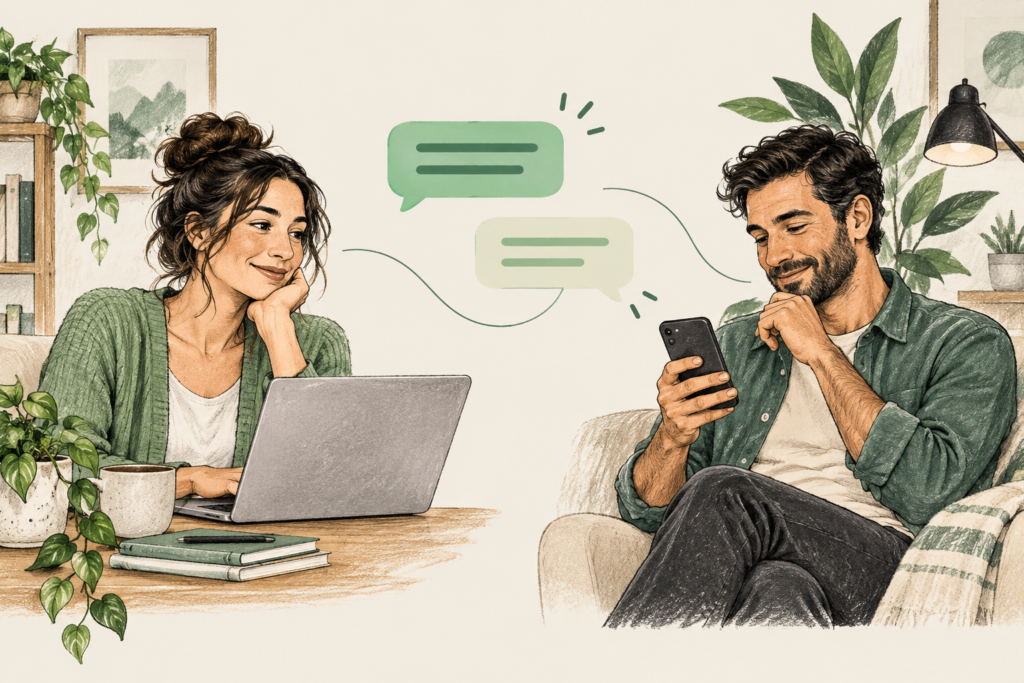Illustration of two adults having a relaxed written conversation using a laptop and smartphone.