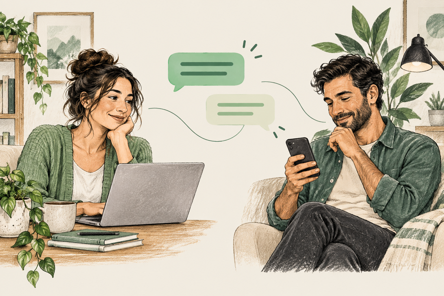 Illustration of two adults having a relaxed written conversation using a laptop and smartphone.