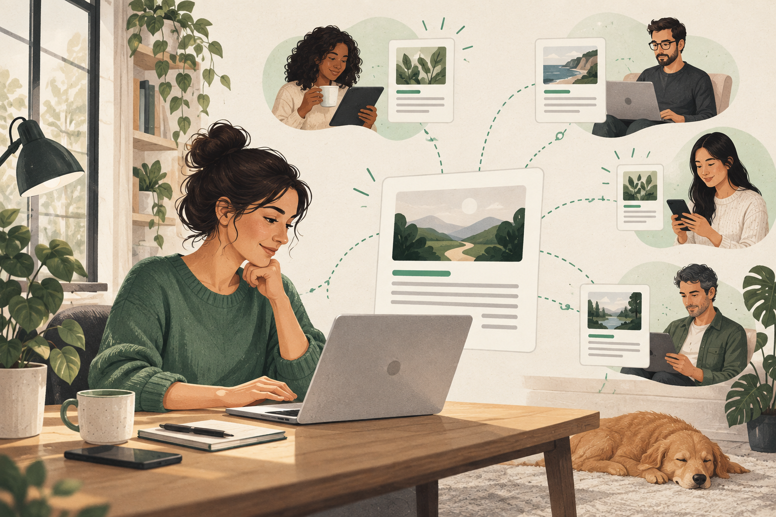 Illustration of a creator publishing useful content that independent readers discover on their devices.