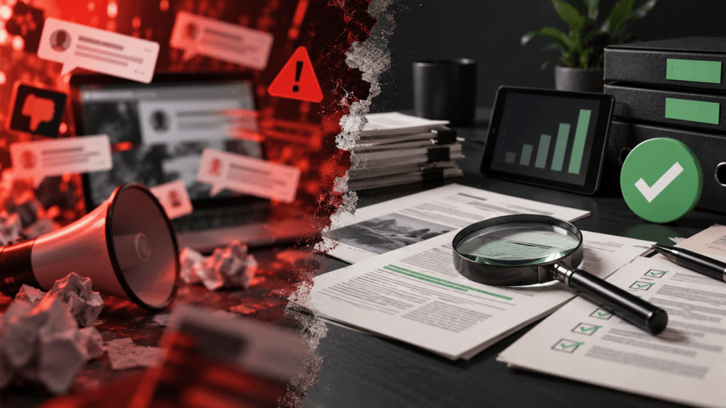 Split scene contrasting loud online scam accusations with calm evidence-based investigation of business claims.