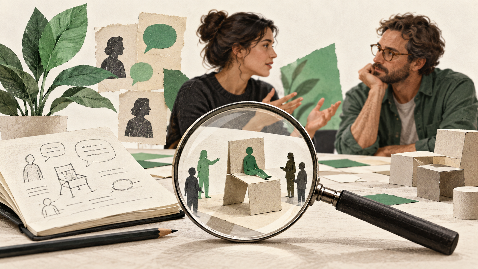 Conceptual illustration of two people discussing a rough prototype, with a magnifying glass highlighting customer needs.