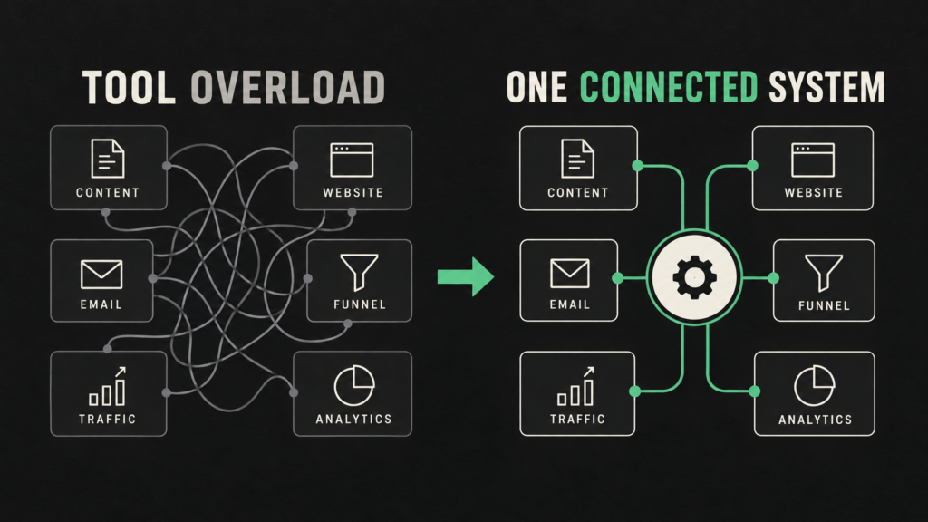 Online business tools for beginners shown as disconnected tools becoming one connected business system.