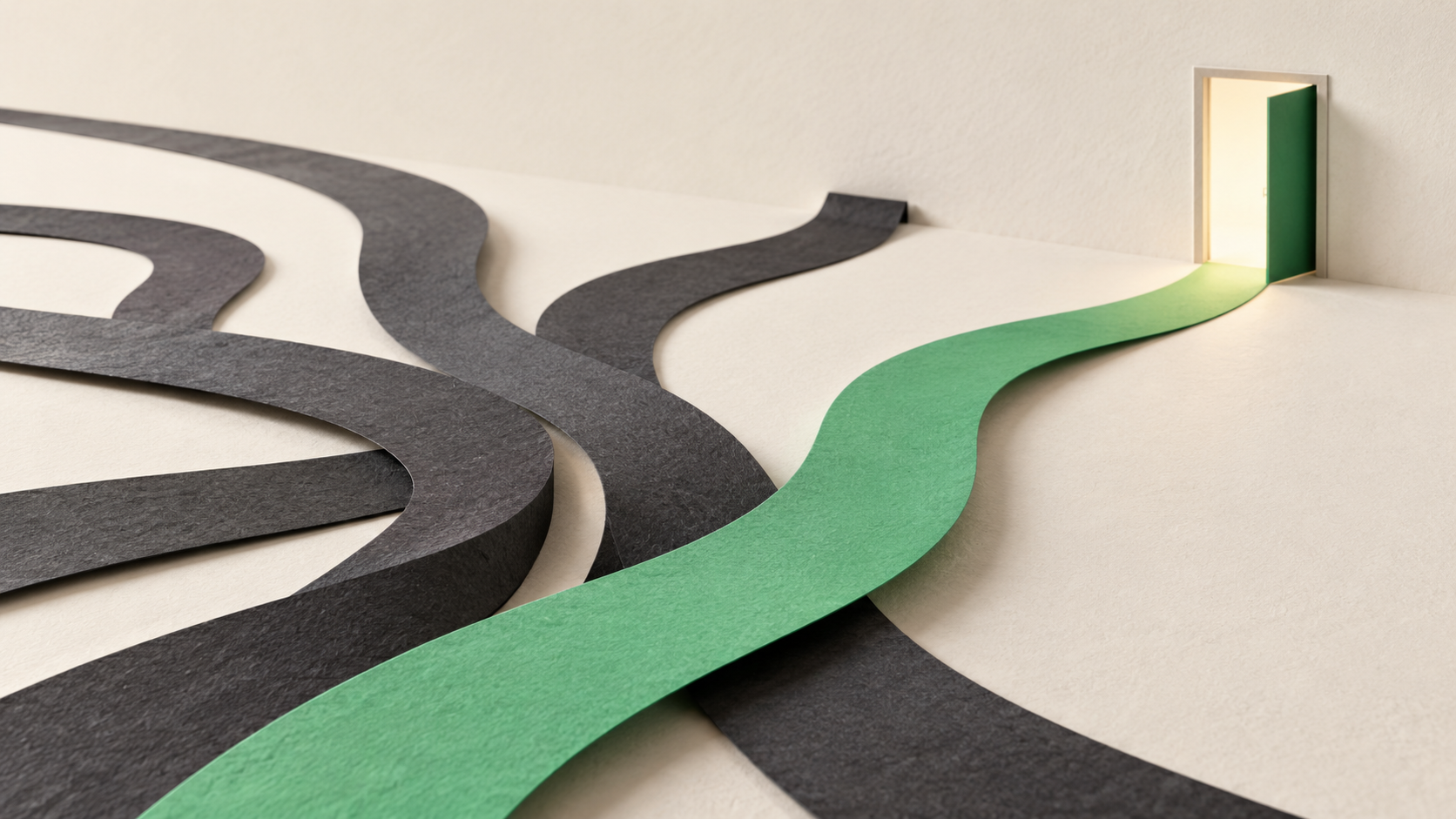 A green paper path leads toward a doorway while charcoal paths branch in other directions.