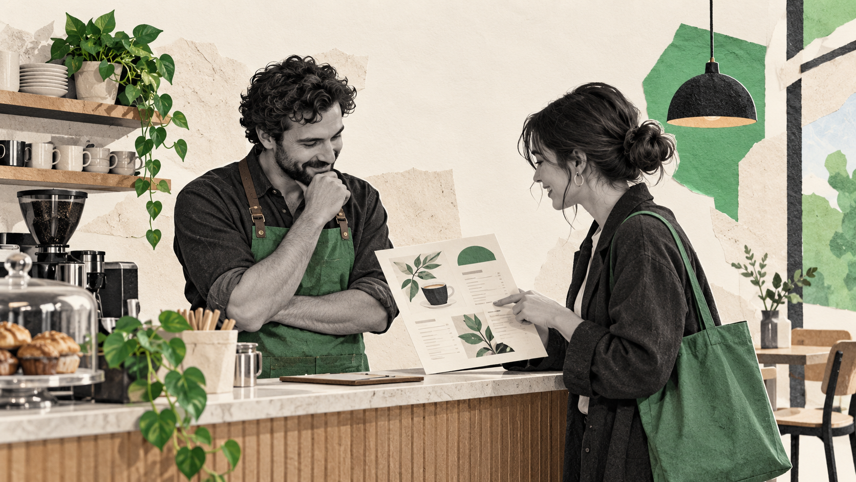 Conceptual illustration of a freelance designer showing a sample menu to a café owner at the counter.