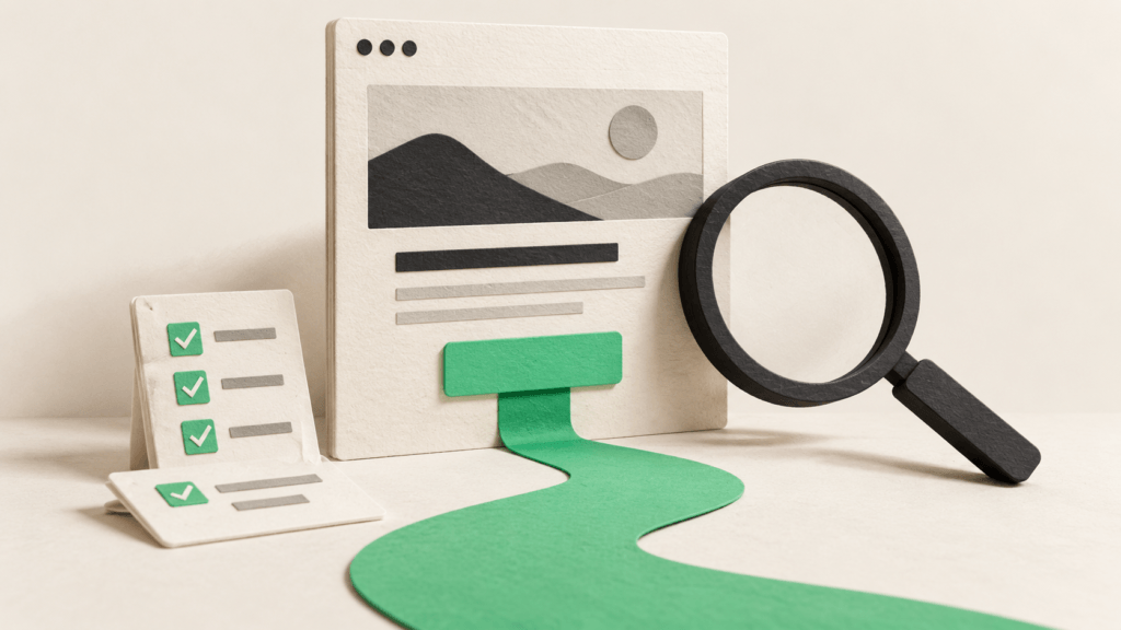 A paper webpage with a green button and path beside a magnifying glass and checklist cards.