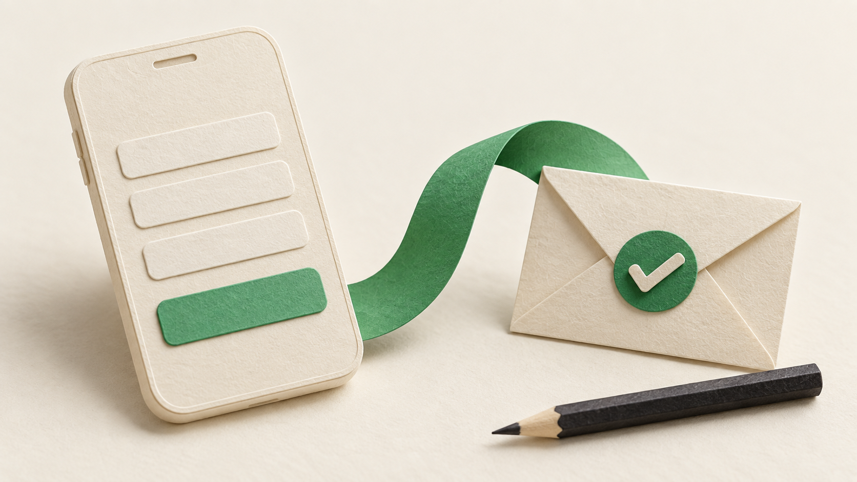 A paper smartphone form and envelope connected by a green ribbon, beside a charcoal pencil.
