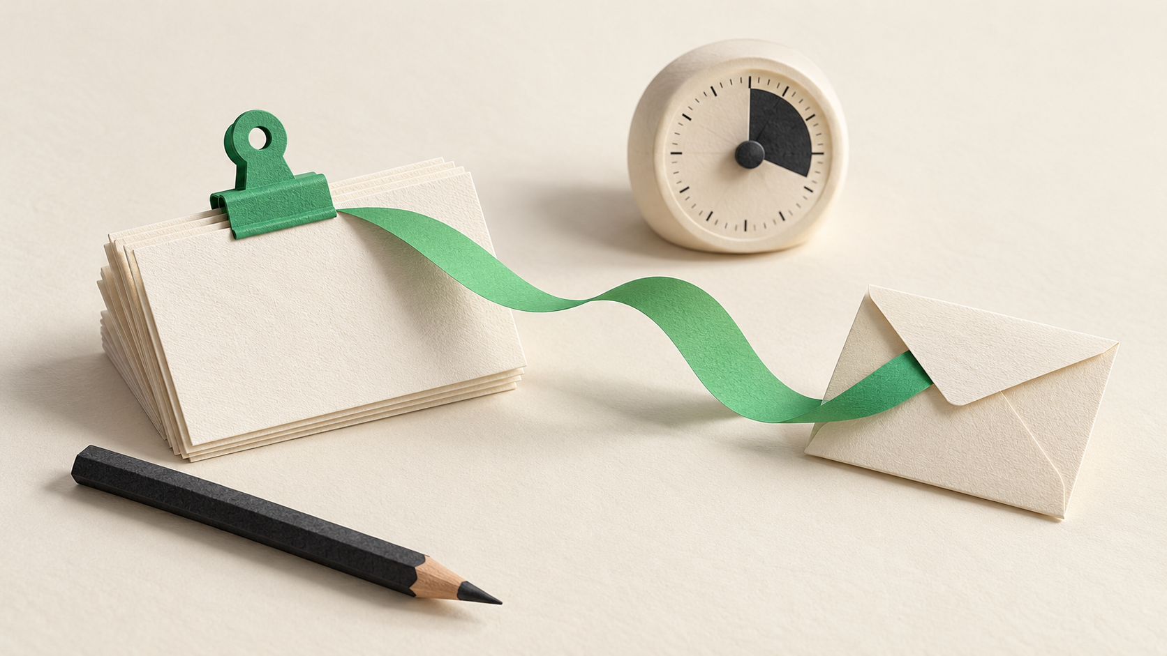 Planning cards, a pencil, a timer and an envelope connected by a green paper ribbon.