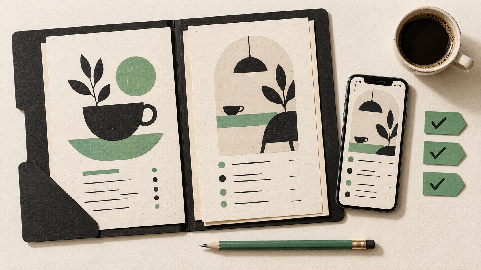 A project folder with sample menus, a matching phone layout, a pencil and a coffee cup on a paper surface.